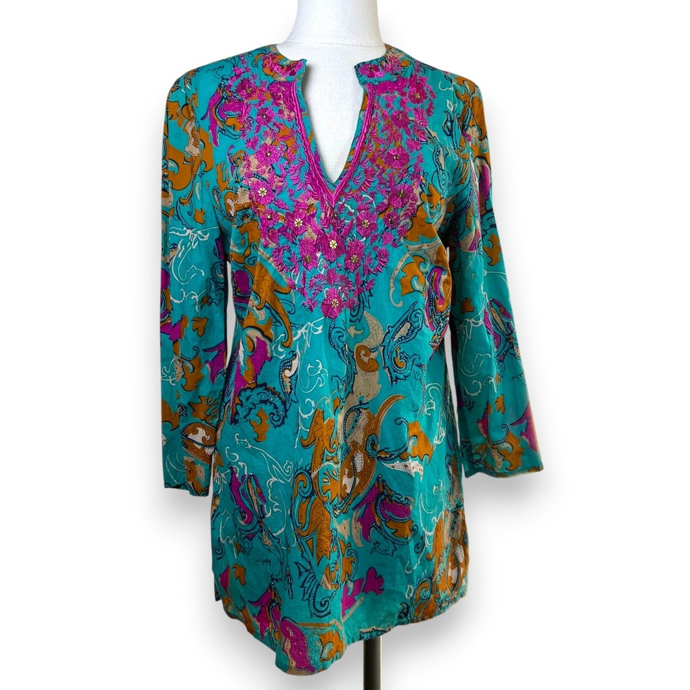 Boho Paisley Embroidered Tunic Top Teal Sequin Resortwear Charter Club Size 8